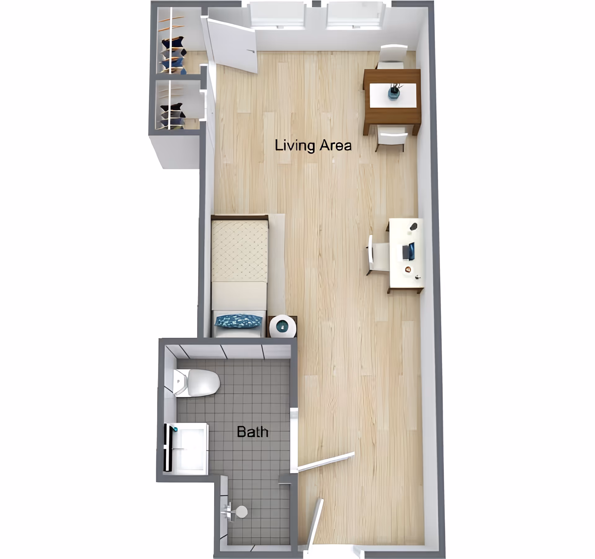 Top-down 3D floor plan of a studio apartment showing a living area with a bed, desk, closet and a labeled bathroom.