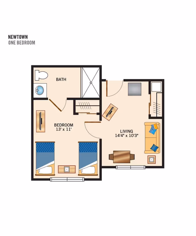 Floor plan of a one-bedroom apartment named Newtown, showing a bedroom with two beds, a bathroom, and a living room with a sofa, coffee table, and TV.