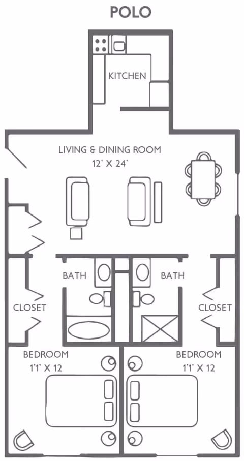Floor plan labeled POLO showing a layout with two bedrooms each measuring 11 feet by 12 feet, two bathrooms, a kitchen, and a combined living and dining room measuring 12 feet by 24 feet. Each bedroom has a closet, and the living and dining room contains seating and a dining table.