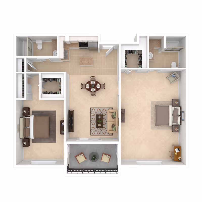 3D floor plan of a two-bedroom apartment featuring a living room with sofa and TV, a dining area with a round table and four chairs, a kitchen with appliances and an island, two bedrooms each with a bed and nightstands, two bathrooms, two walk-in closets, and a balcony with two chairs and a small table.