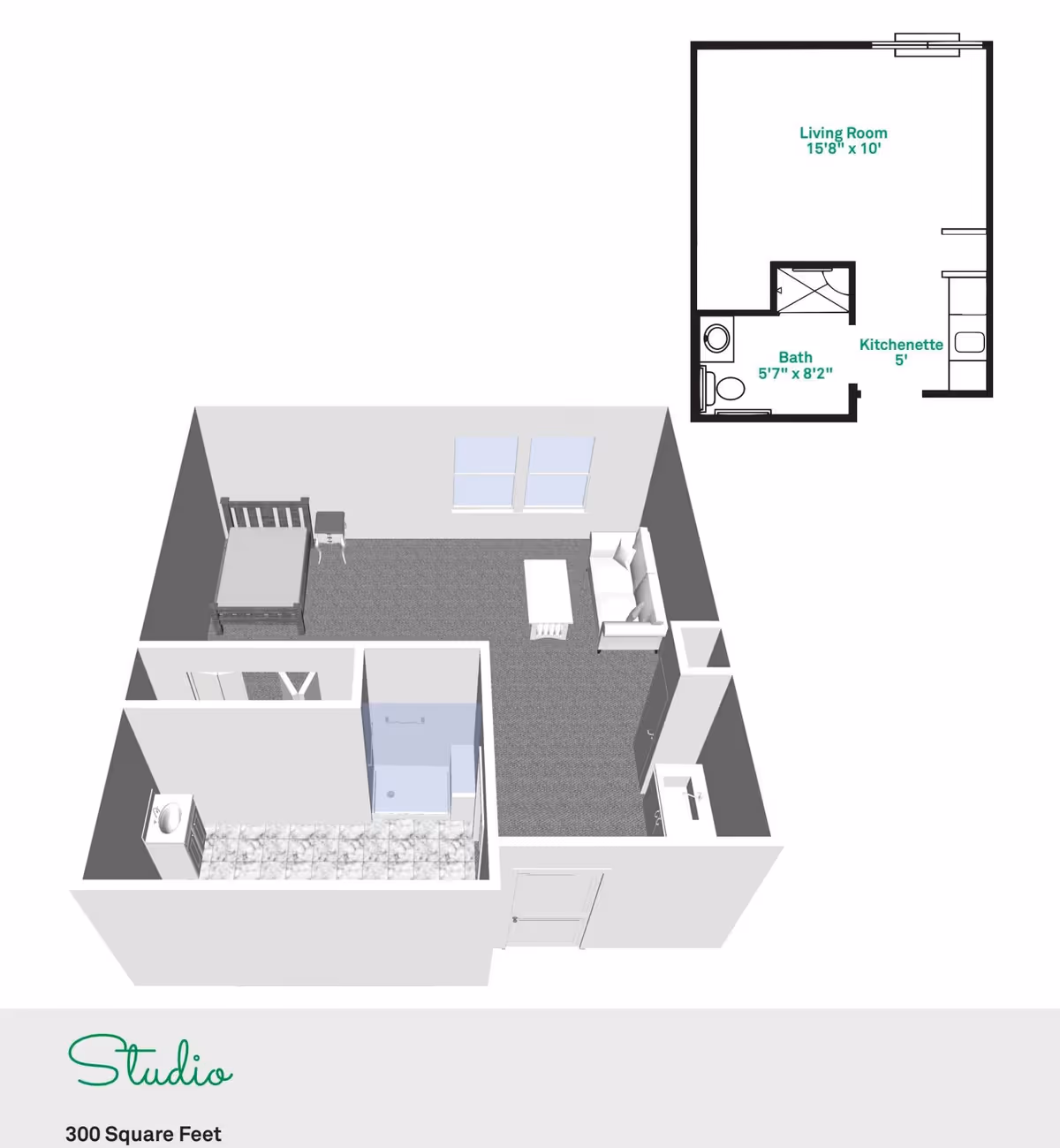 3D and 2D floor plan of a 300-square-foot studio apartment showing a bed, living area, kitchenette, and bathroom.