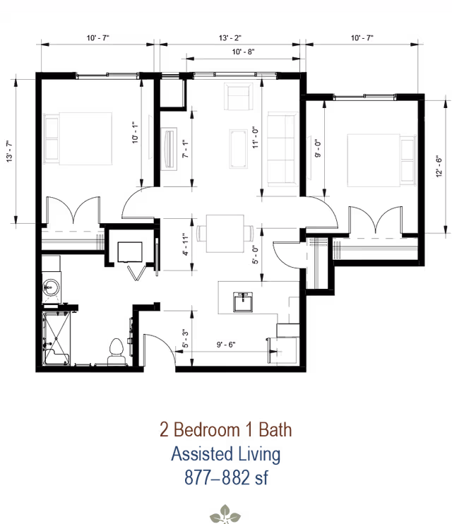 Architectural floor plan of a 2 bedroom, 1 bathroom assisted living unit at MorningStar of Beaverton, showing room dimensions and furniture layout including beds, sofa, chairs, and a dining table.