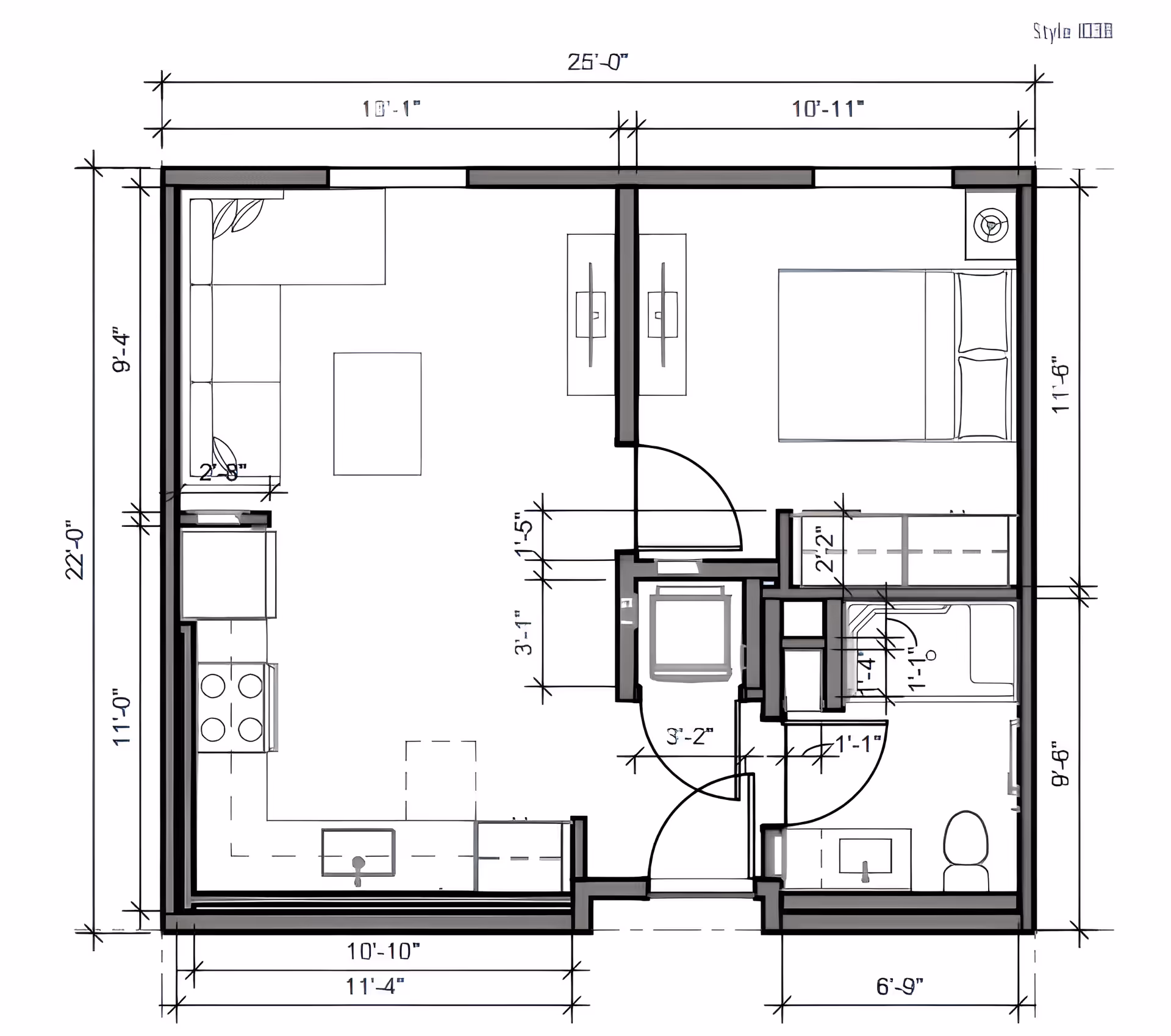 Architectural floor plan of a small apartment unit showing a living room with a sofa and coffee table, a kitchen with stove and sink, a bedroom with a bed and nightstand, and a bathroom with a toilet, sink, and shower. Dimensions of each room and walls are marked.