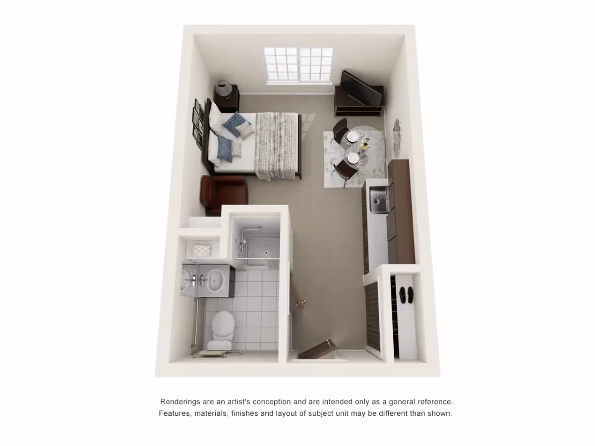 3D floor plan of a senior living studio apartment featuring a bedroom area with a bed, pillows, and a chair, a small dining area with a round table and two chairs, a kitchen with cabinets and a sink, and a bathroom with a toilet, sink, and shower.