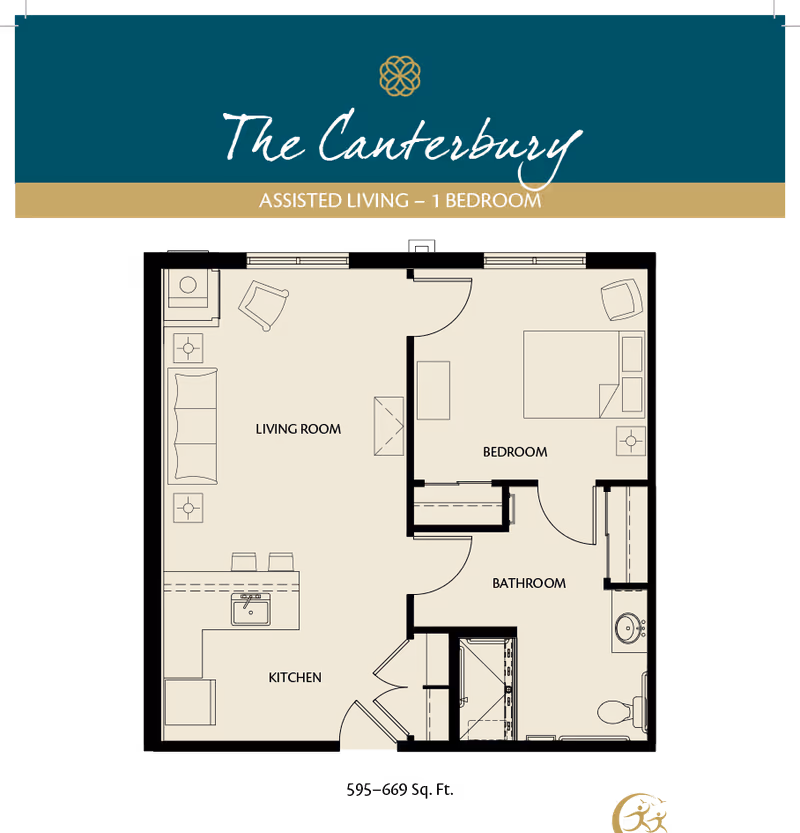 Floor plan of The Canterbury, an assisted living 1-bedroom apartment with labeled areas including a living room with sofa and chair, a kitchen with sink and counter, a bedroom with bed and chair, and a bathroom with toilet and sink.