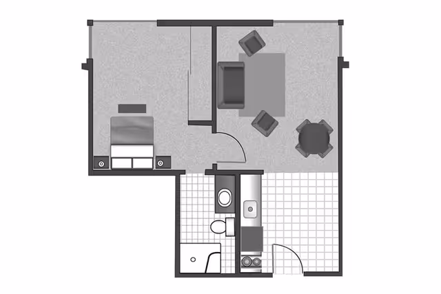 Floor plan of a one-bedroom apartment showing a bedroom with a bed and two nightstands, a living room with a sofa, two chairs, and a round dining table with four chairs, a kitchen area with a stove and sink, and a bathroom with a toilet and shower.