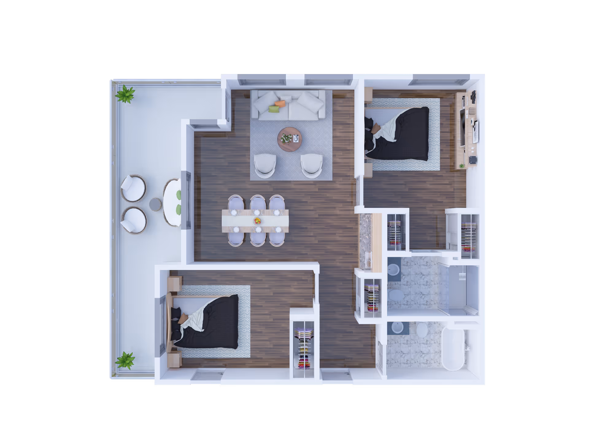 3D floor plan of a senior living apartment featuring two bedrooms with beds and nightstands, a living room with a sofa, two chairs, and a coffee table, a dining area with a table and six chairs, two bathrooms with sinks, toilets, and a shower and bathtub, closets, and a balcony with outdoor seating and plants.