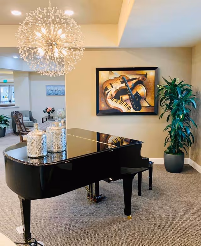 Black grand piano in a communal seating area with a decorative chandelier, framed musical artwork, and a potted plant.