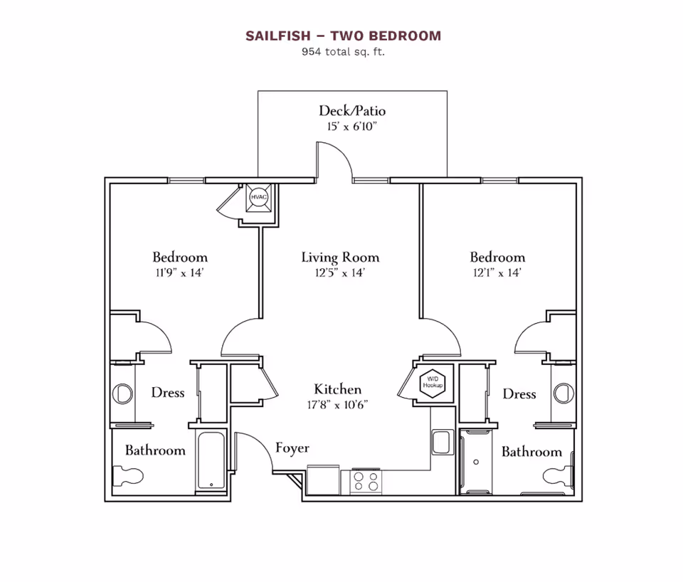 Black-and-white floor plan titled "Sailfish - Two Bedroom" showing two bedrooms, a living room, kitchen, two bathrooms, dress areas and a deck/patio.