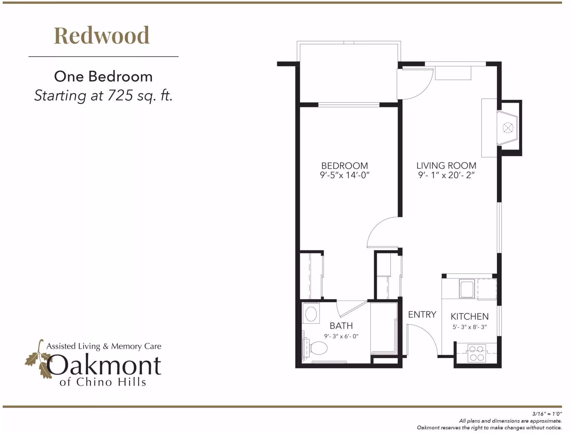 One-bedroom floor plan labeled "Redwood" showing a bedroom, living room, kitchen, bath, and entry.