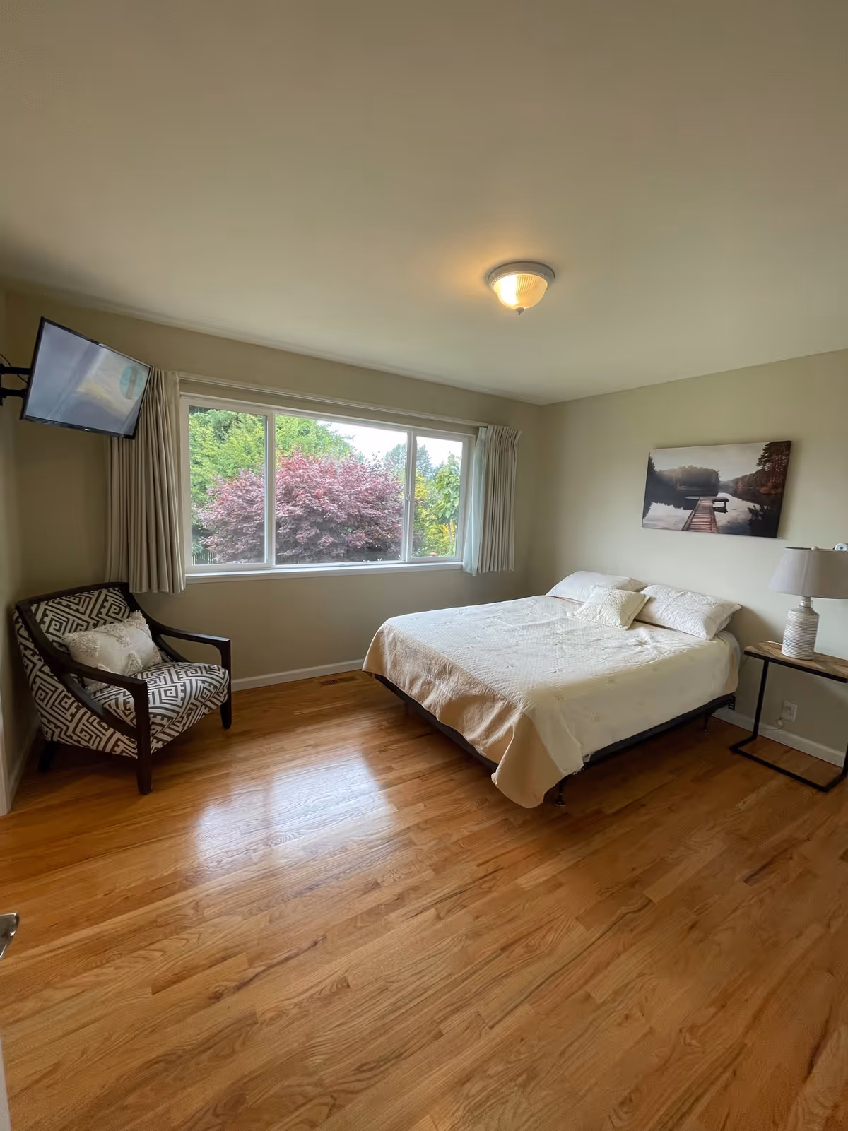 Sunlit bedroom with a bed, armchair, wall-mounted TV, large window overlooking trees, and hardwood floors.