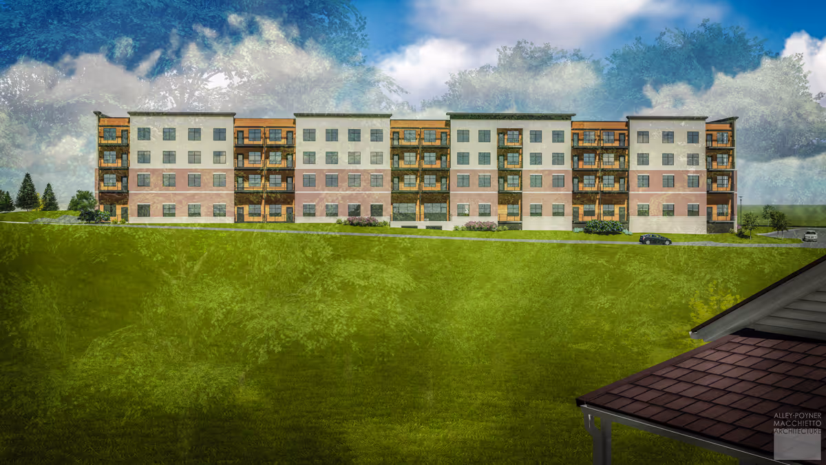 Architectural rendering of a four-story senior living building on a grassy hill under a cloudy sky.