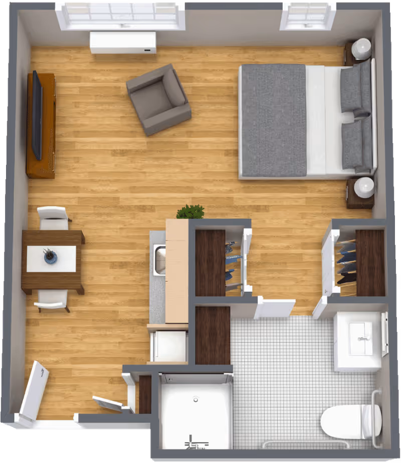 Top-down view of a studio apartment floor plan featuring a bedroom area with a bed and two nightstands, a living area with a chair and TV, a small dining table with two chairs, a kitchenette with a sink and stove, two closets, and a bathroom with a shower, toilet, and sink.