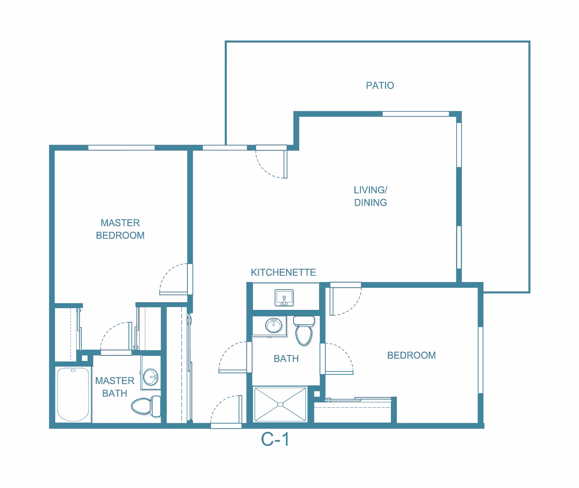 Floor plan layout of a senior living community unit labeled C-1, featuring a master bedroom with an attached master bath, a second bedroom, a separate bath, a kitchenette, a combined living and dining area, and a patio.
