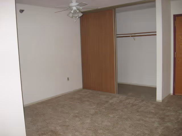 Empty room with beige carpet, white walls, a ceiling fan with lights, a wooden sliding closet door partially open revealing a closet with a wooden rod, and a closed wooden door on the right side.