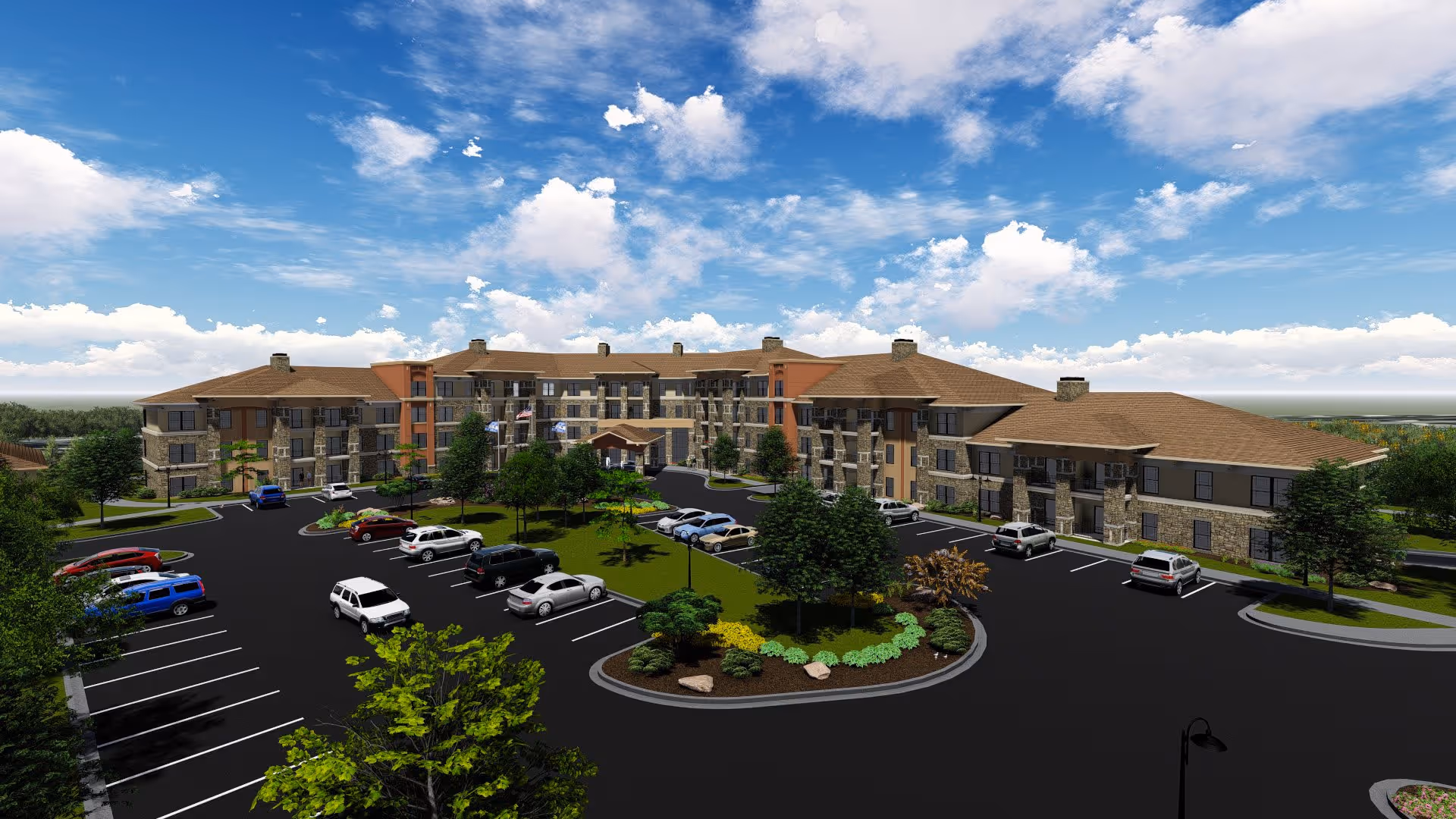 Exterior view of a large, multi-story senior living facility named Fairways of Ironhorse Independent Living, featuring a spacious parking lot with several cars, landscaped greenery, and a partly cloudy blue sky.