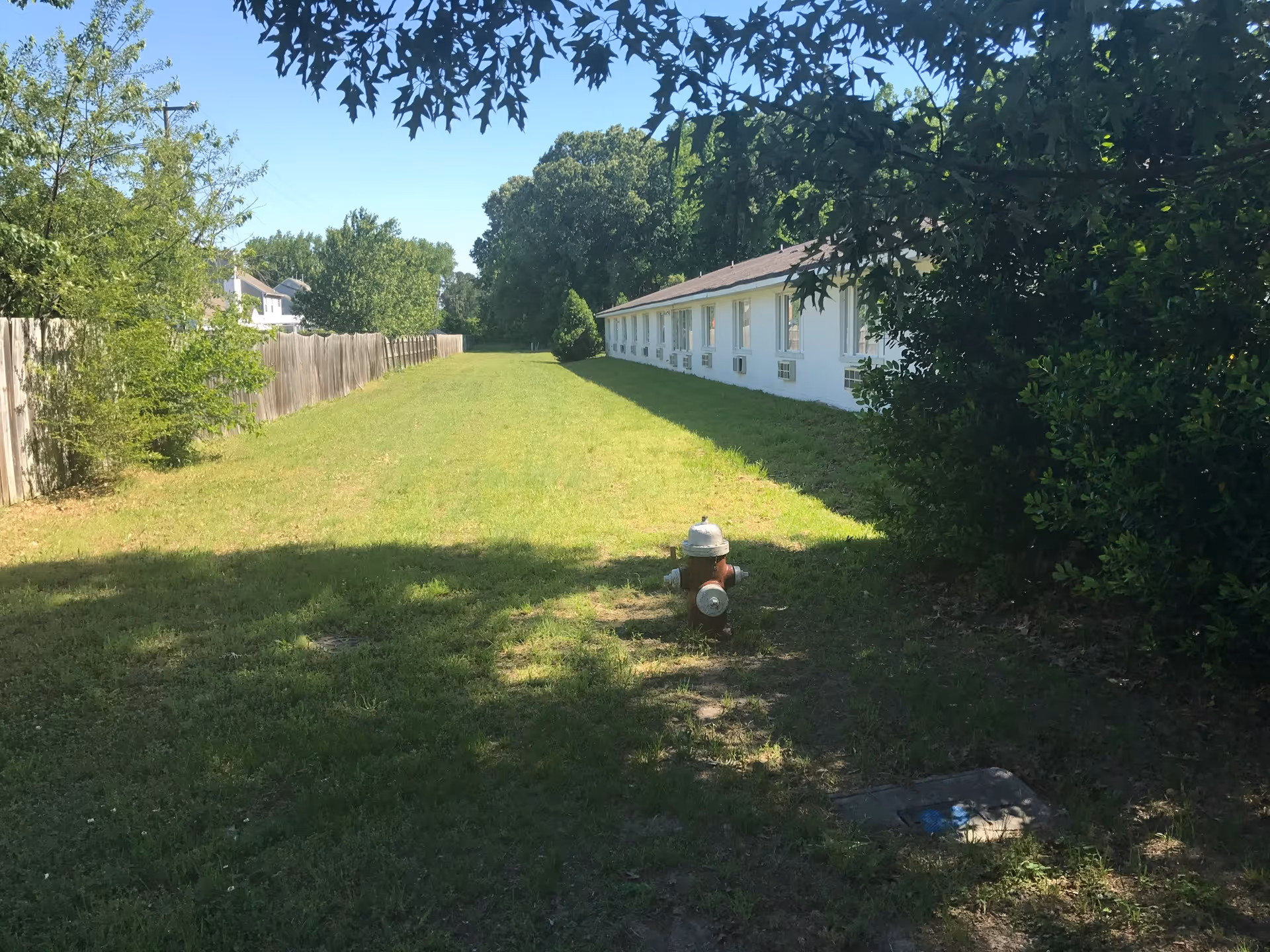 A grassy outdoor area with a fire hydrant in the center, bordered by a wooden fence on the left and a white building with multiple windows on the right. Trees and bushes surround the area, providing shade and greenery under a clear blue sky.