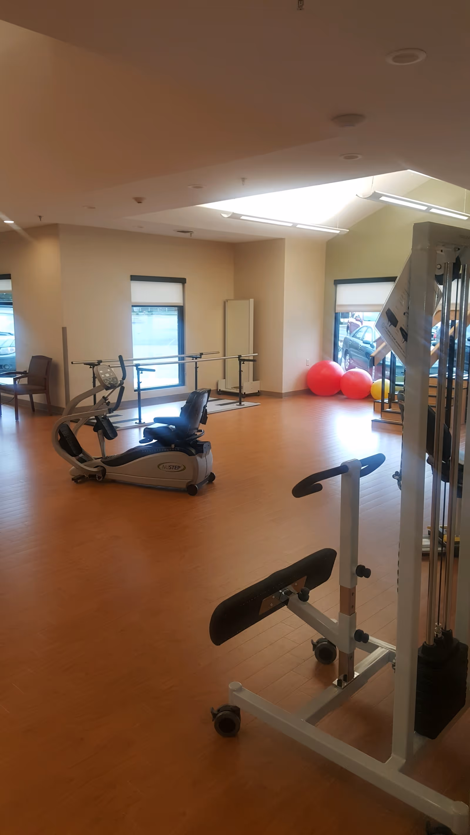 Spacious interior exercise/rehab room with cardio and strength equipment, parallel bars, and large exercise balls near windows.
