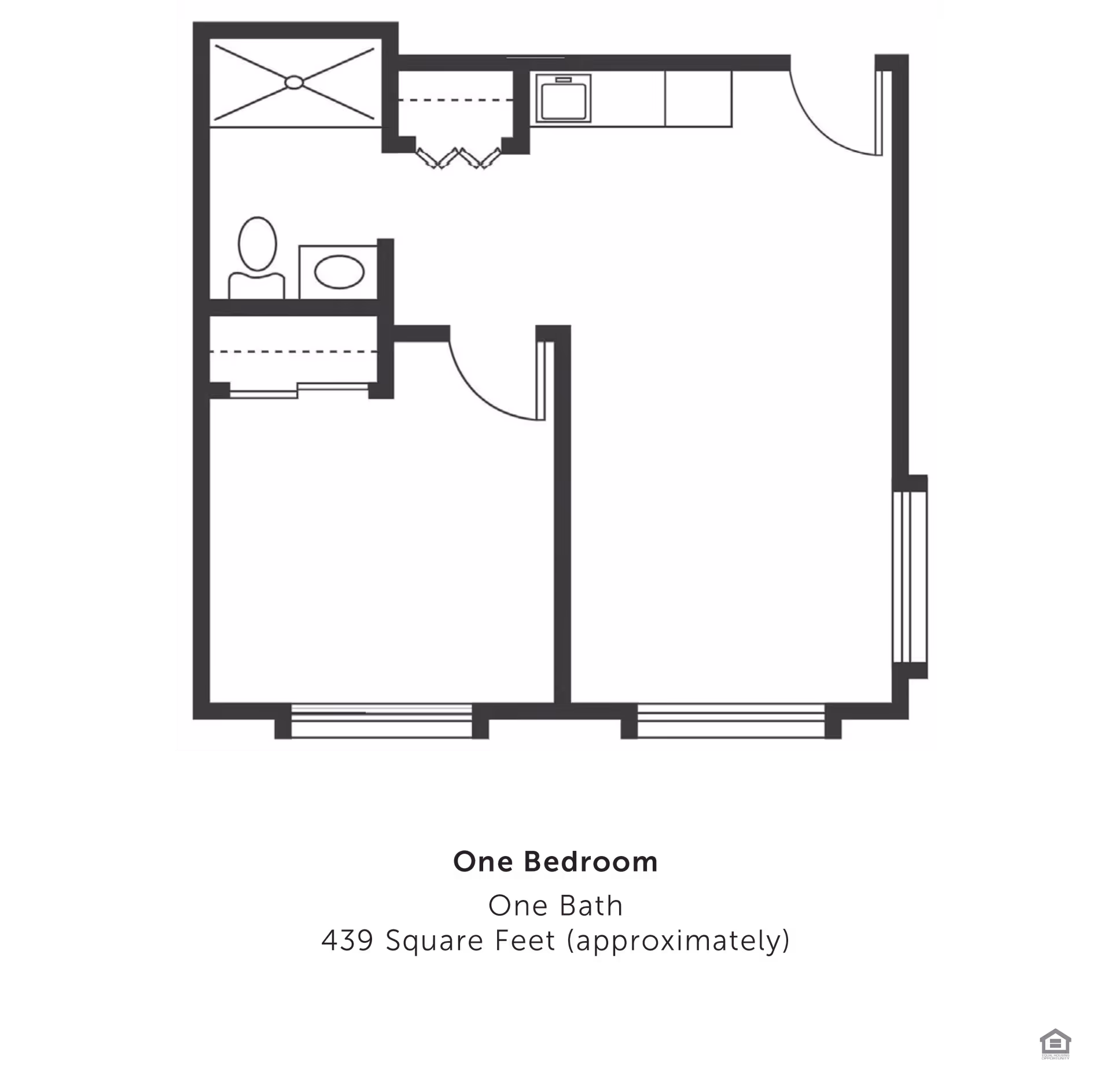 Floor plan of a one-bedroom, one-bath apartment with approximately 439 square feet. The layout includes a bedroom, bathroom, kitchen area with a sink, and a living space.