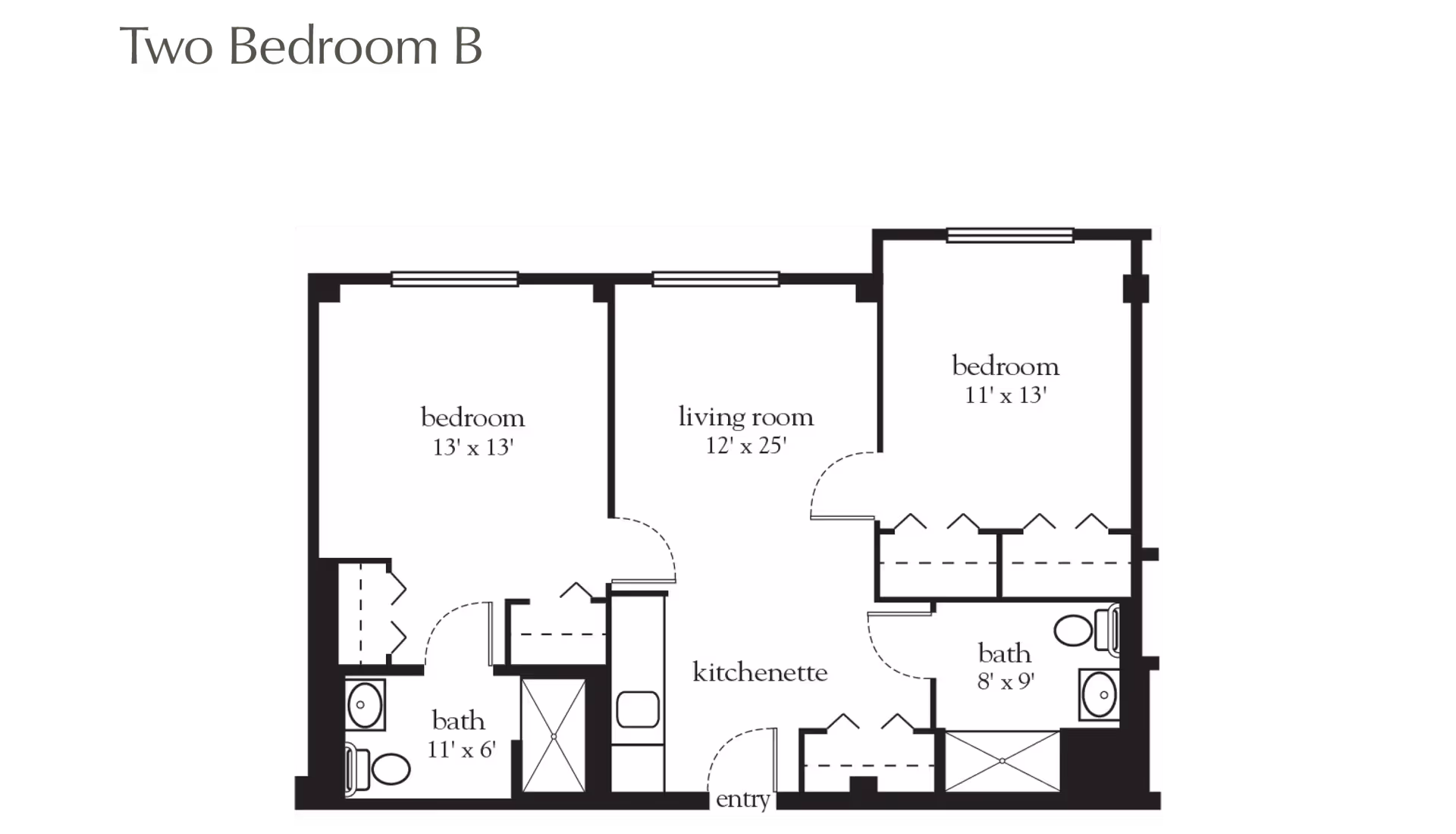 Floor plan labeled Two Bedroom B showing two bedrooms, two bathrooms, a living room, and a kitchenette with dimensions for each room.