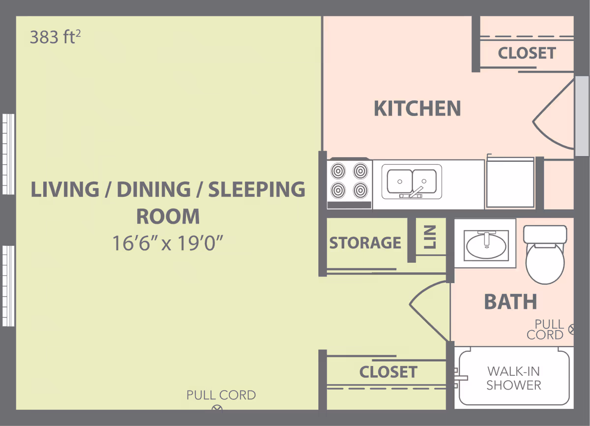 Floor plan of a living space at Oakleaf Village of Columbus showing a combined living, dining, and sleeping room measuring 16 feet 6 inches by 19 feet, a kitchen with a closet, a bathroom with a walk-in shower, and storage areas including closets and a linen closet.