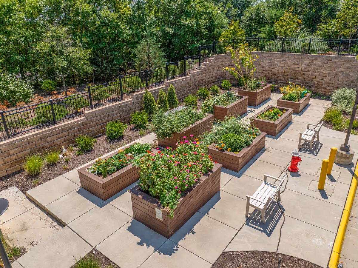 Outdoor garden area with multiple raised wooden planter boxes filled with various green plants and flowers. The garden is surrounded by a concrete walkway with two white benches and a red fire hydrant. A stone retaining wall and black metal fence border the garden, with trees and greenery in the background.