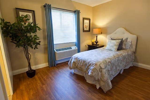 A cozy bedroom with a single bed featuring a patterned comforter and multiple pillows. Next to the bed is a nightstand with a lamp and a small decorative item. A window with blue curtains and a wall-mounted air conditioning unit is visible. There is a tall potted plant in the corner and framed artwork on the walls. The room has wooden flooring and beige walls.