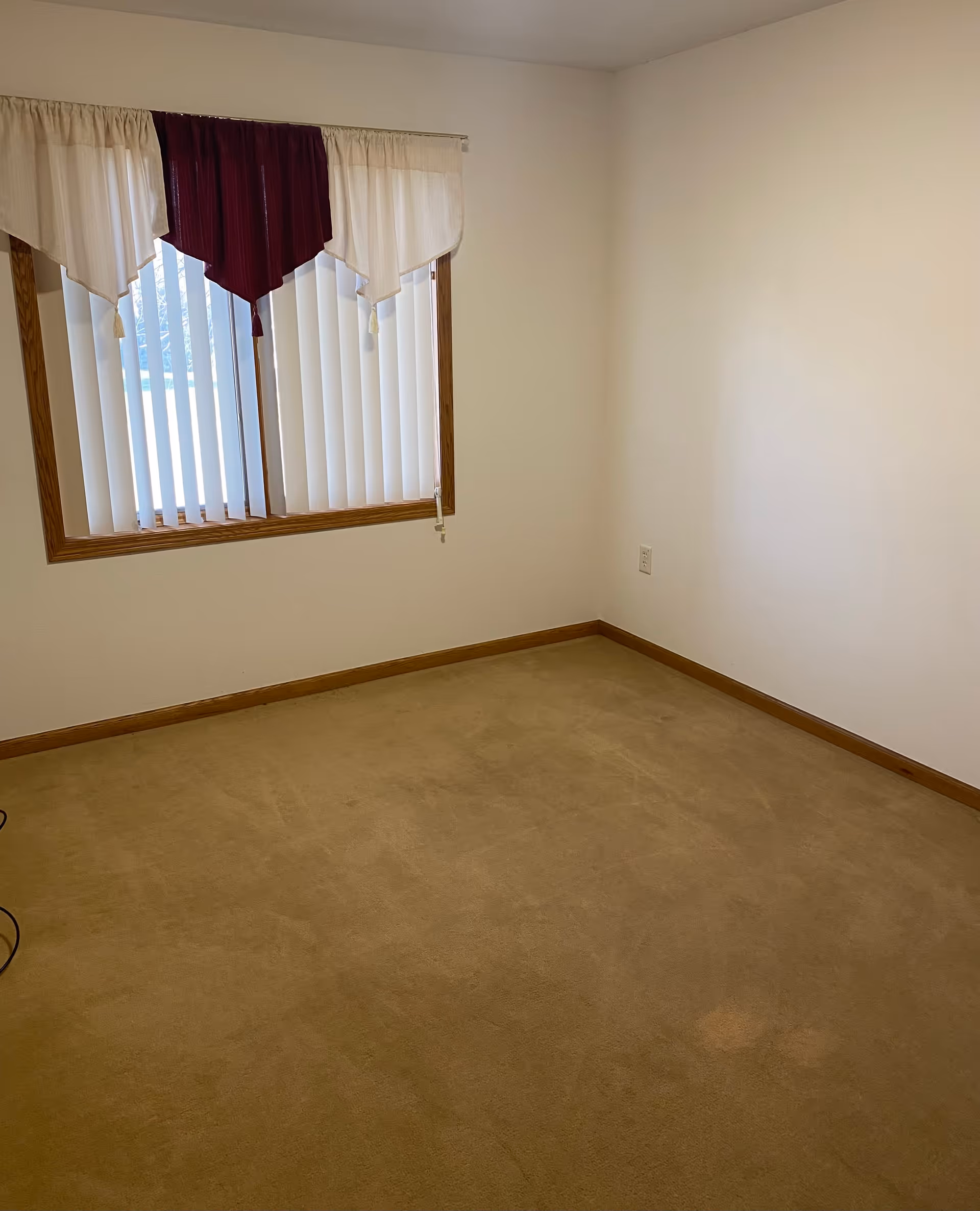 Empty room with beige carpet, white walls, a window with vertical blinds and a valance curtain in cream and burgundy colors, and a wooden baseboard.