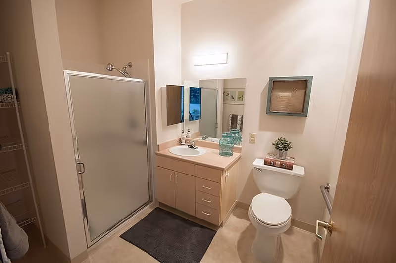 A clean bathroom featuring a shower with frosted glass door, a vanity with sink and mirror, a toilet with decorative items on top, and a small framed picture on the wall.