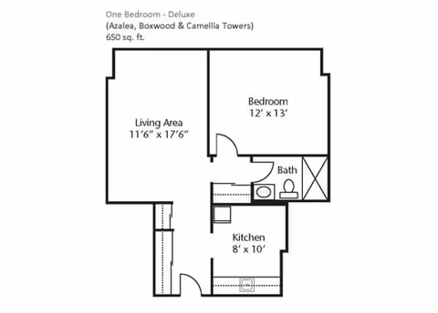Floor plan of a one-bedroom deluxe apartment named Azalea, Boxwood & Camellia Towers with 650 square feet. It includes a living area measuring 11 feet 6 inches by 17 feet 6 inches, a bedroom measuring 12 feet by 13 feet, a bathroom, and a kitchen measuring 8 feet by 10 feet.