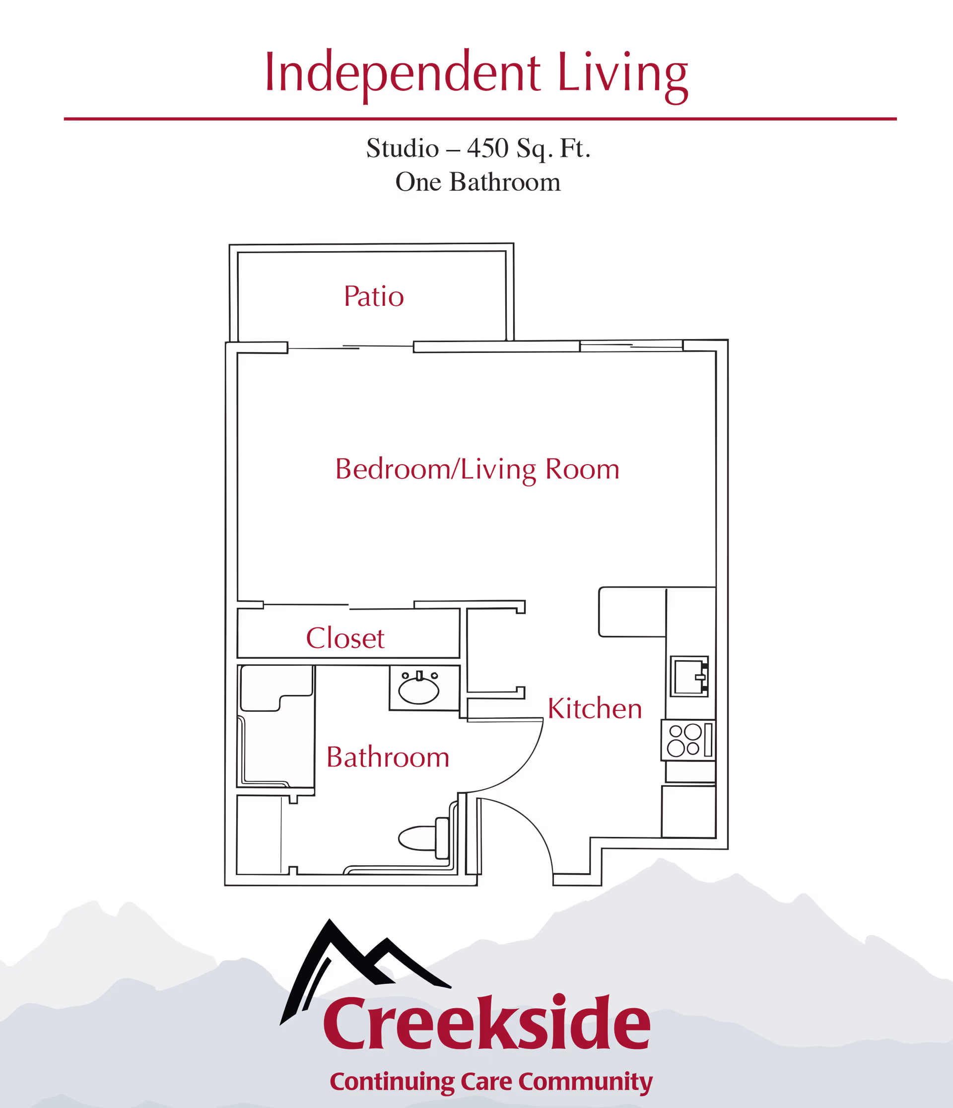 Floor plan of an independent living studio apartment at Creekside Continuing Care Community, showing a layout with a patio, combined bedroom and living room, closet, bathroom, and kitchen in a 450 square feet space.
