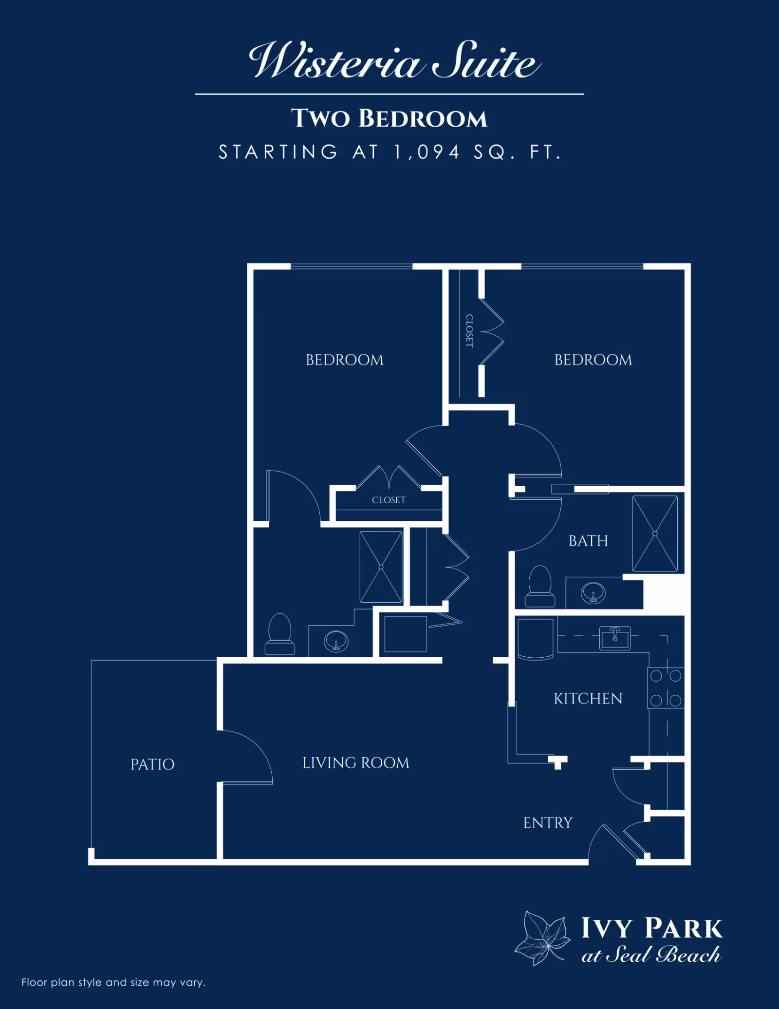 Floor plan of the Wisteria Suite, a two-bedroom apartment starting at 1,094 square feet, showing two bedrooms each with a closet, two bathrooms, a kitchen, a living room, an entry area, and a patio. The layout includes labeled rooms and fixtures.