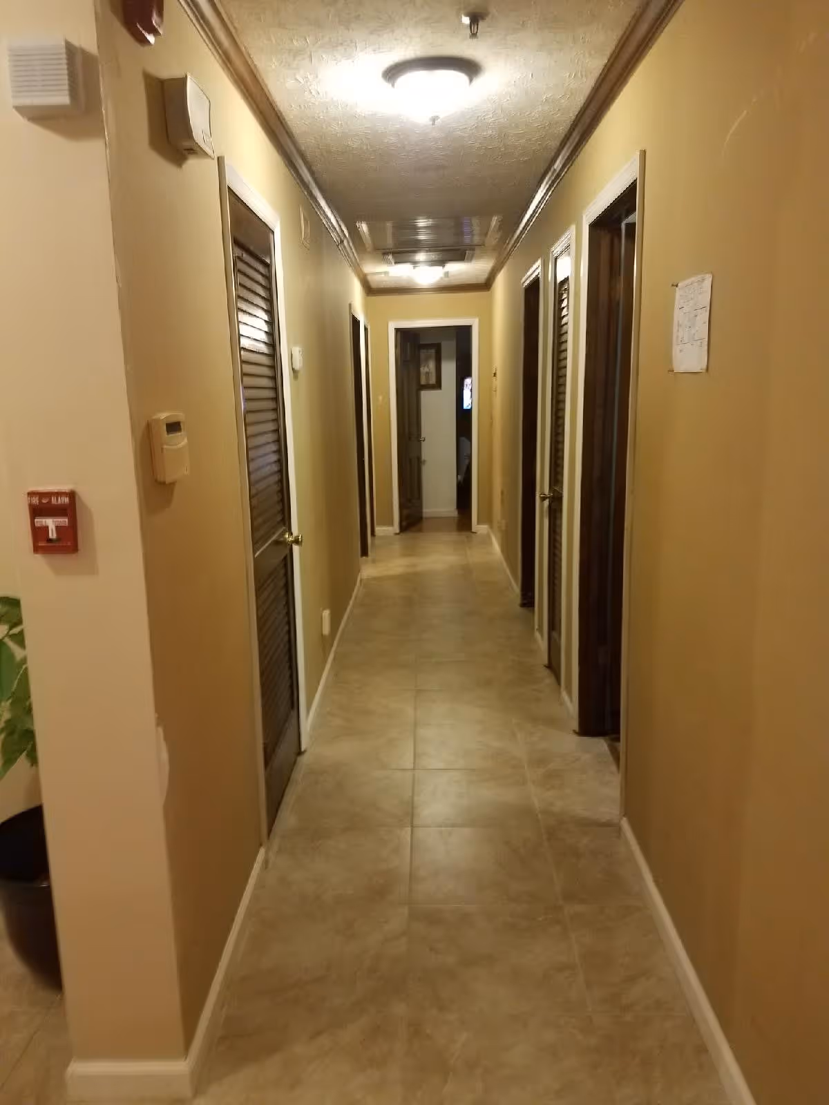 A long indoor hallway with beige walls and tiled floor, featuring several closed wooden doors on both sides. Ceiling lights illuminate the corridor, and a fire alarm is mounted on the left wall near a potted plant.