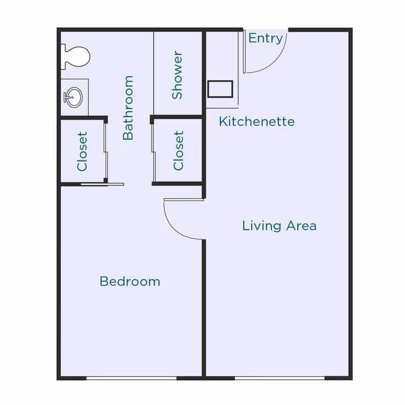 Labeled floor plan of a one-bedroom apartment with a living area, kitchenette, bathroom with shower, and two closets.