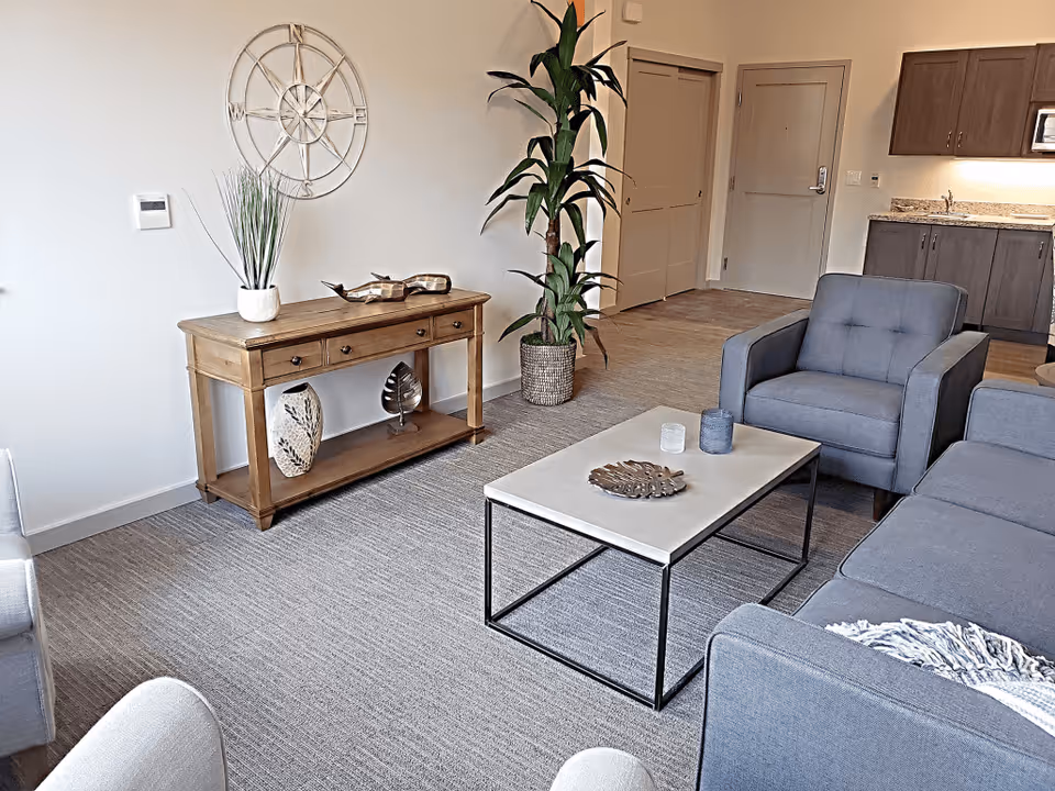 A modern living room with a gray sofa and armchair, a rectangular coffee table with decorative items, a wooden console table with plants and decor, a tall potted plant, and a kitchenette area with cabinets and a microwave in the background.