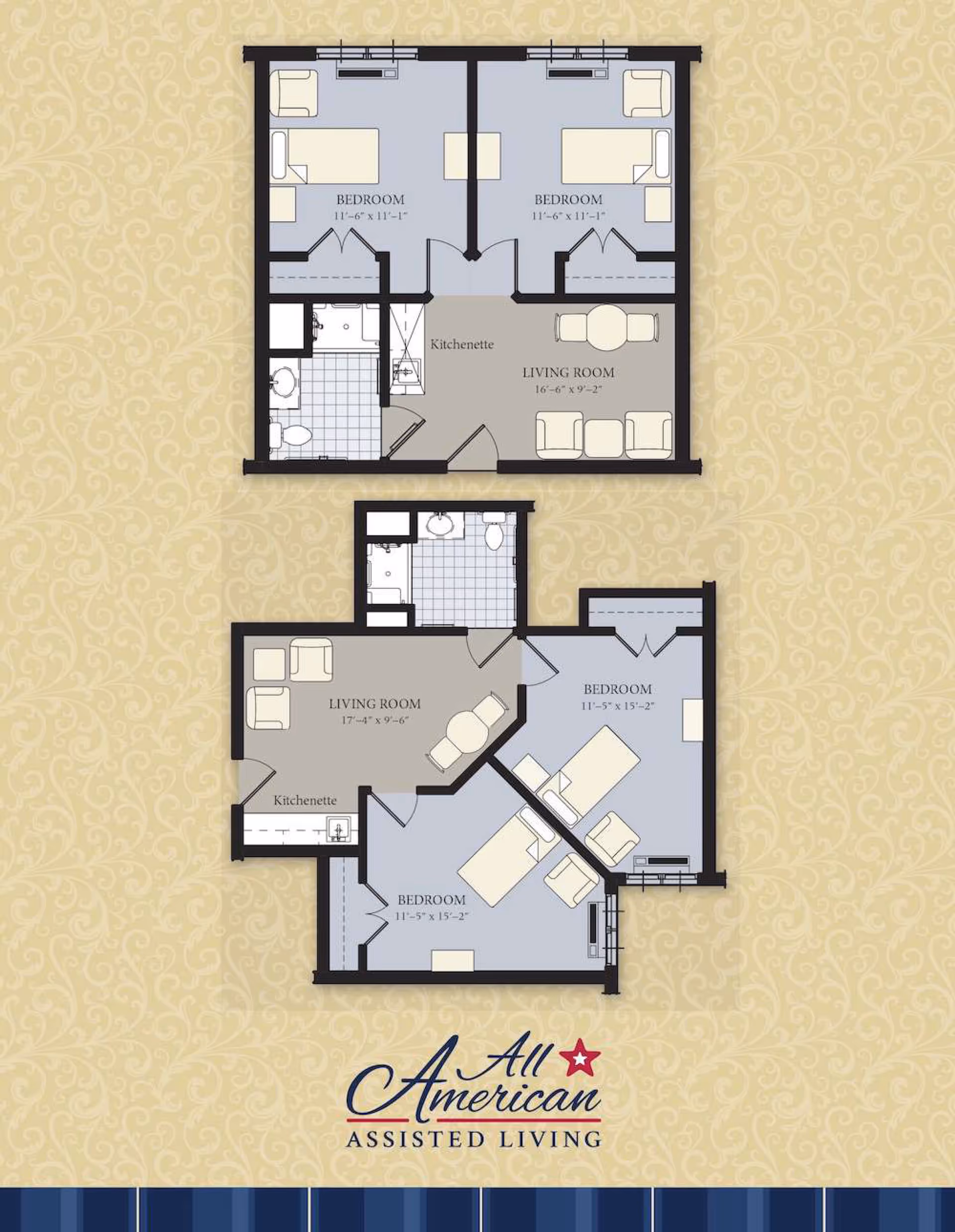 Floor plan layout of two assisted living apartment units from All American Assisted Living at Kingston, showing bedrooms, living rooms, kitchenettes, and bathrooms with dimensions.