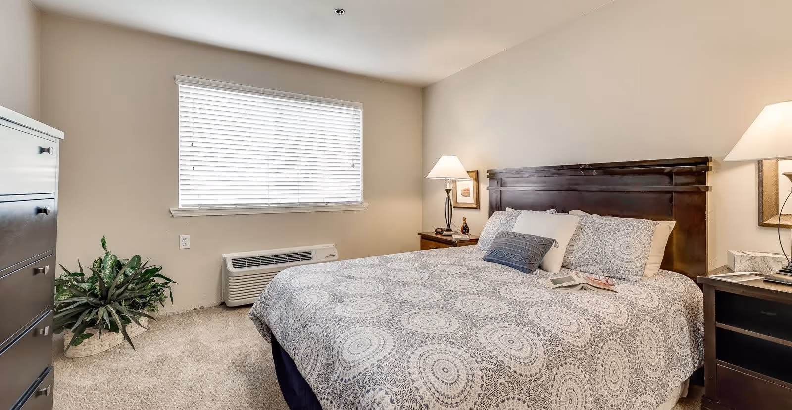 A cozy bedroom with a large bed featuring a patterned gray and white bedspread and multiple pillows. There are two dark wooden nightstands on either side of the bed, each with a lamp. A window with white blinds is on the wall behind the bed, and a green potted plant is placed on the carpeted floor near a dark wooden dresser.