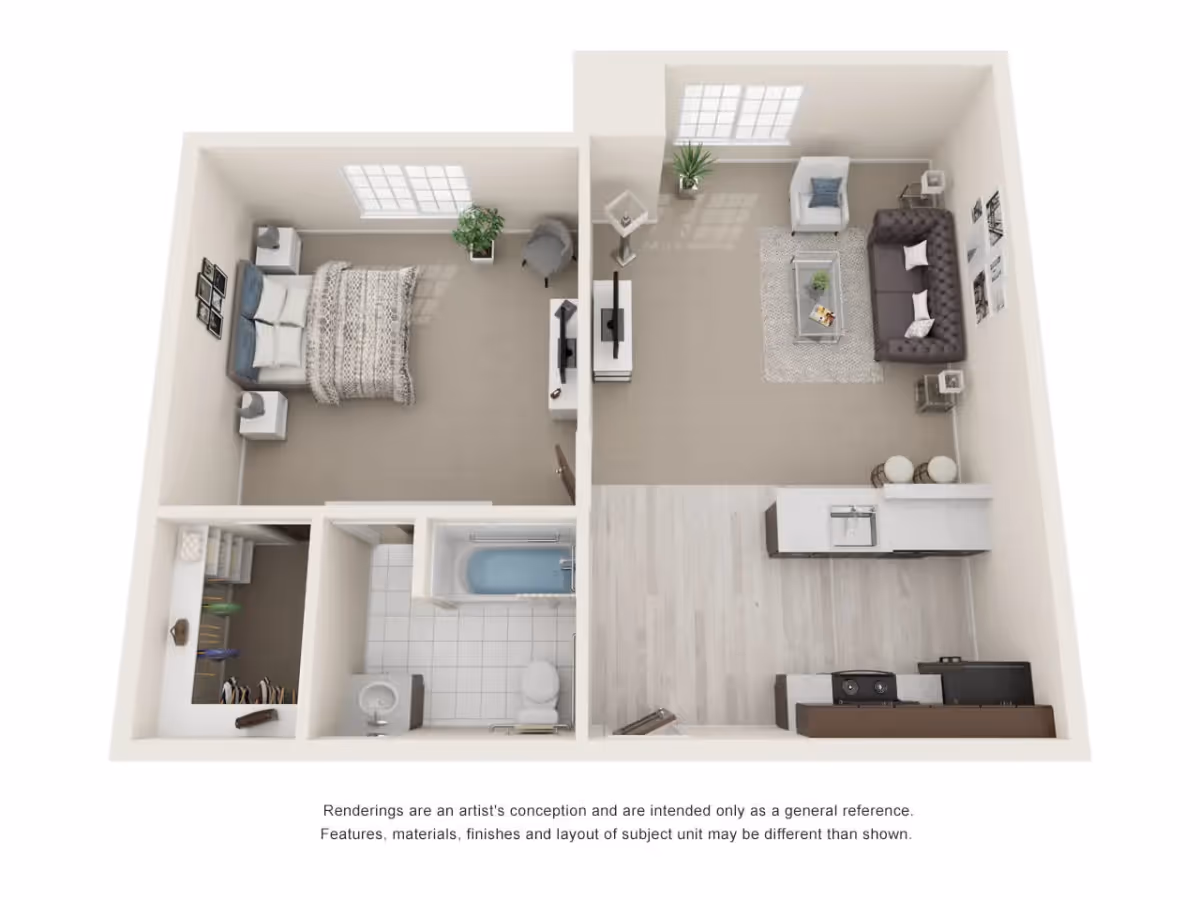 3D floor plan of a one-bedroom apartment showing a bedroom with a bed, nightstands, and a chair; a bathroom with a bathtub, toilet, and sink; a living room with a sofa, armchair, coffee table, and TV; and a kitchen area with a stove, sink, and refrigerator. There is also a small closet near the bathroom.