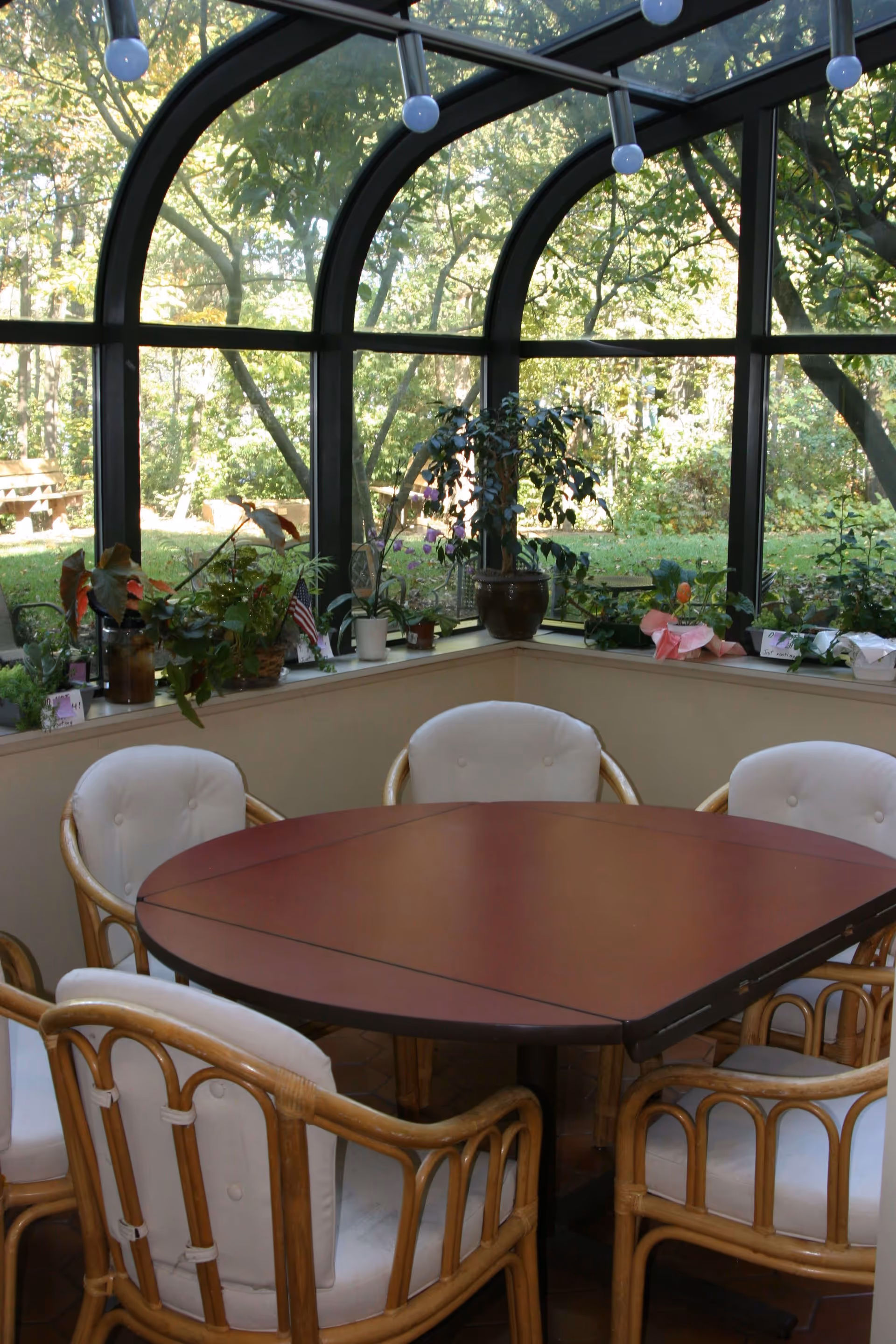 A cozy indoor seating area with a round wooden table surrounded by five cushioned wicker chairs. The space is enclosed by large arched windows that provide a clear view of a lush green garden outside. Several potted plants are placed on the windowsill, adding to the natural ambiance.