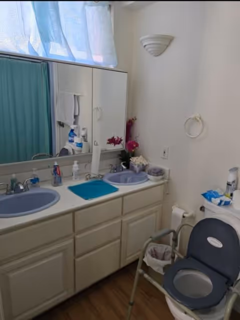 Bathroom with two blue sinks set in a white countertop with cabinets below. A large mirror is above the sinks, reflecting a blue shower curtain. There are various toiletries on the counter, a blue towel, and a small vase with pink flowers. A toilet with a raised seat and safety frame is next to the counter, along with a trash bin and toilet paper holder. The walls are white, and there is a wall-mounted light fixture above the toilet.