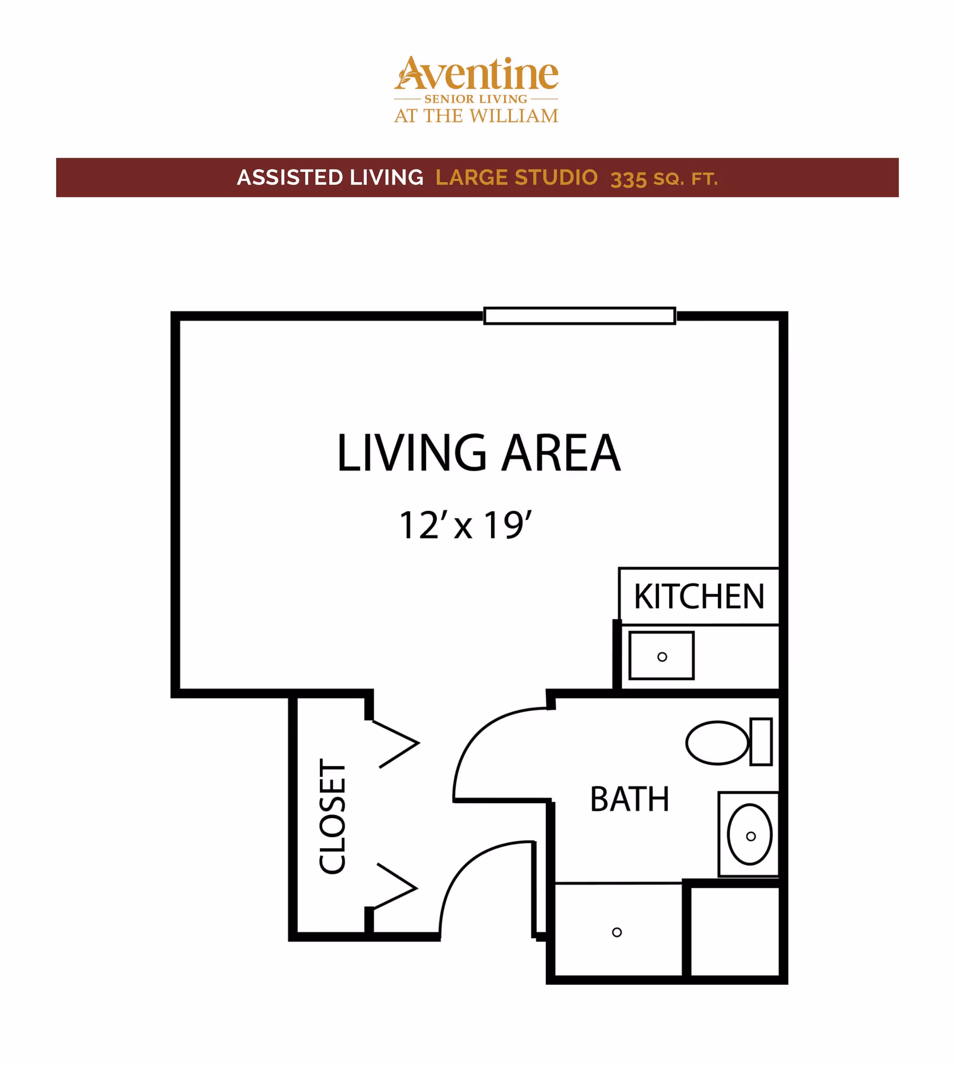 Floor plan of a large studio assisted living unit at Aventine Senior Living at The William, showing a living area measuring 12 feet by 19 feet, a kitchen, a bathroom, and a closet.