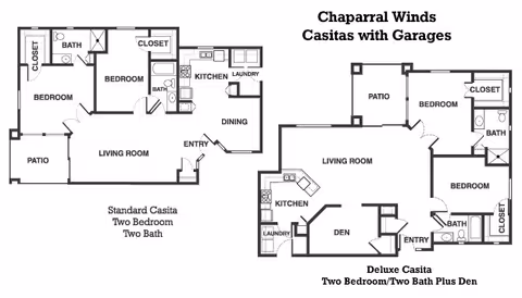 Floor plans for Chaparral Winds Assisted Living casitas with garages, showing layouts for a Standard Casita with two bedrooms and two baths, and a Deluxe Casita with two bedrooms, two baths, and a den. Each plan includes labeled rooms such as bedrooms, bathrooms, kitchen, dining, living room, laundry, patio, closets, and entry.
