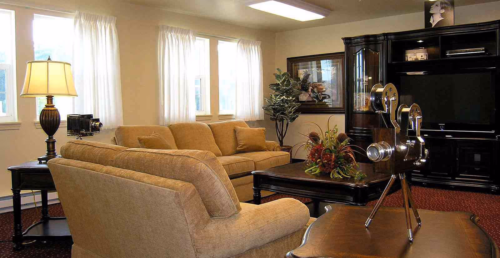 Cozy living room with beige sofas, a coffee table topped by a floral arrangement and a vintage film projector, and a large entertainment cabinet.
