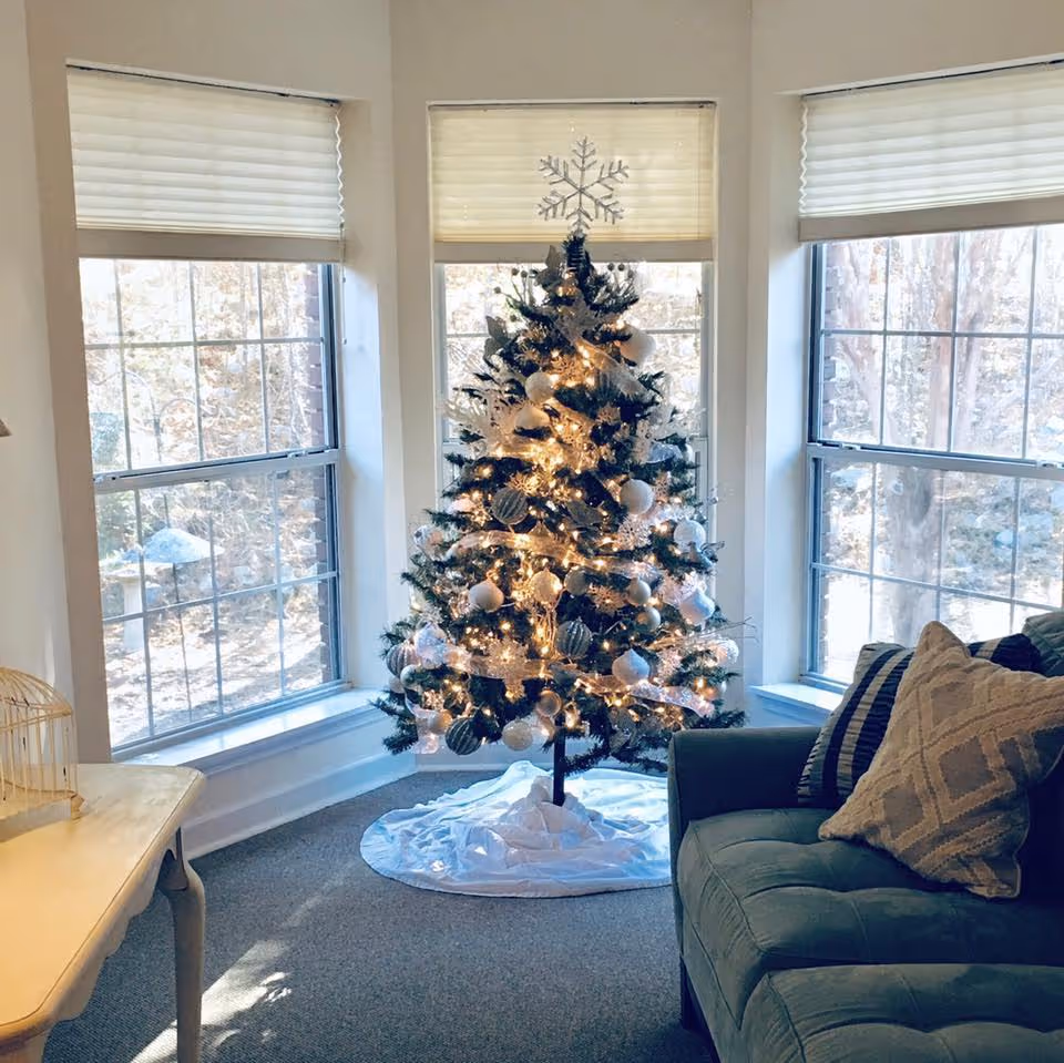 A decorated Christmas tree with white and silver ornaments and lights stands in front of three large windows with white blinds. To the right of the tree is a green sofa with patterned pillows, and to the left is a wooden table with a decorative birdcage. The room is carpeted and filled with natural light.