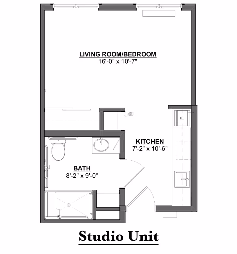 Architectural floor plan of a studio unit at Heritage Woods of Newburgh showing a combined living room and bedroom area measuring 16 feet by 10 feet 7 inches, a kitchen measuring 7 feet 2 inches by 10 feet 6 inches, and a bathroom measuring 8 feet 2 inches by 9 feet with a toilet, sink, and shower.