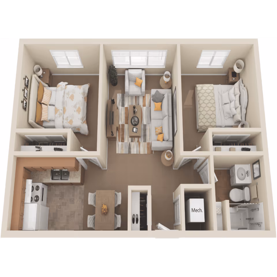 3D floor plan of a two-bedroom apartment featuring a living room with a sofa, armchair, coffee table, and TV stand; a kitchen with appliances and a dining table with four chairs; two bedrooms each with a bed, nightstand, and closet; and a bathroom with a sink, toilet, and shower. There is also a mechanical room labeled 'Mech.'