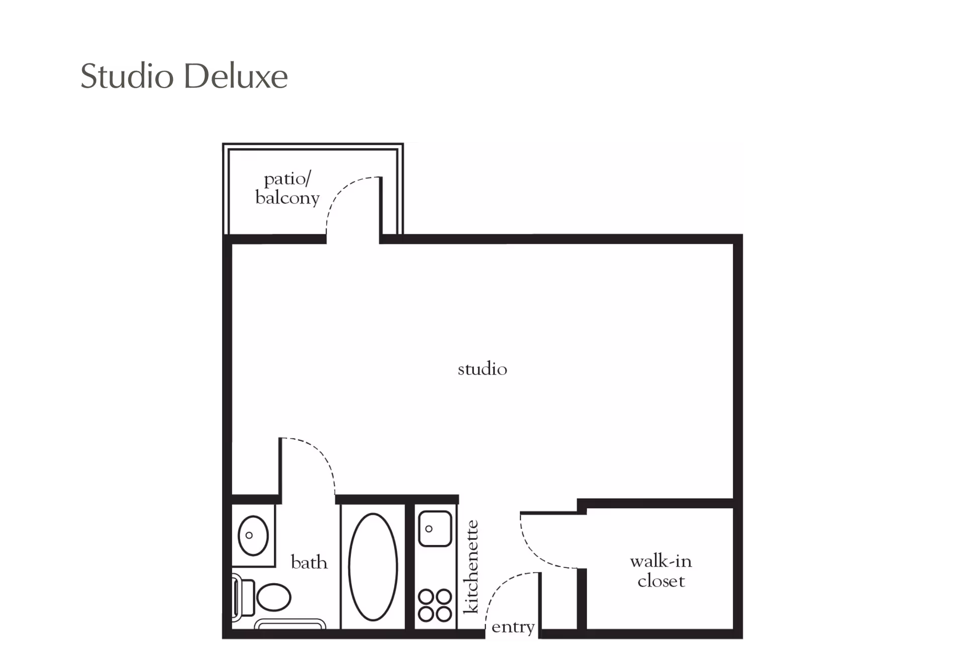 Floor plan of a Studio Deluxe apartment showing a studio living area, a bath with toilet and bathtub, a kitchenette, an entryway, a walk-in closet, and a patio/balcony.