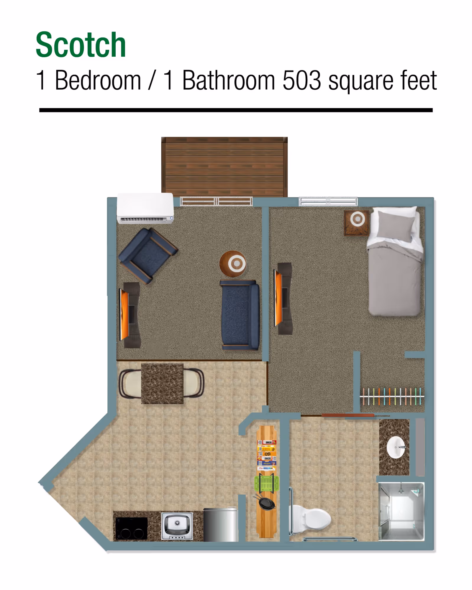 Floor plan of a one-bedroom, one-bathroom apartment named Scotch, measuring 503 square feet. The layout includes a living room with a sofa, armchair, and TV, a bedroom with a bed and nightstand, a kitchen area with a stove, sink, and refrigerator, a dining table with two chairs, and a bathroom with a toilet, sink, and shower. There is also a small balcony or patio area.