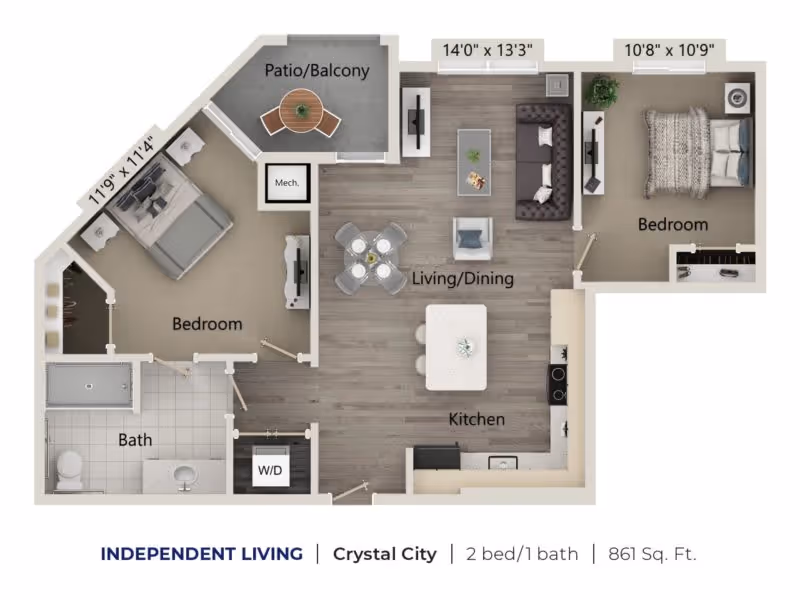 Rendered floor plan of a 2-bedroom, 1-bath independent living apartment showing living/dining area, kitchen, patio/balcony and labeled rooms.