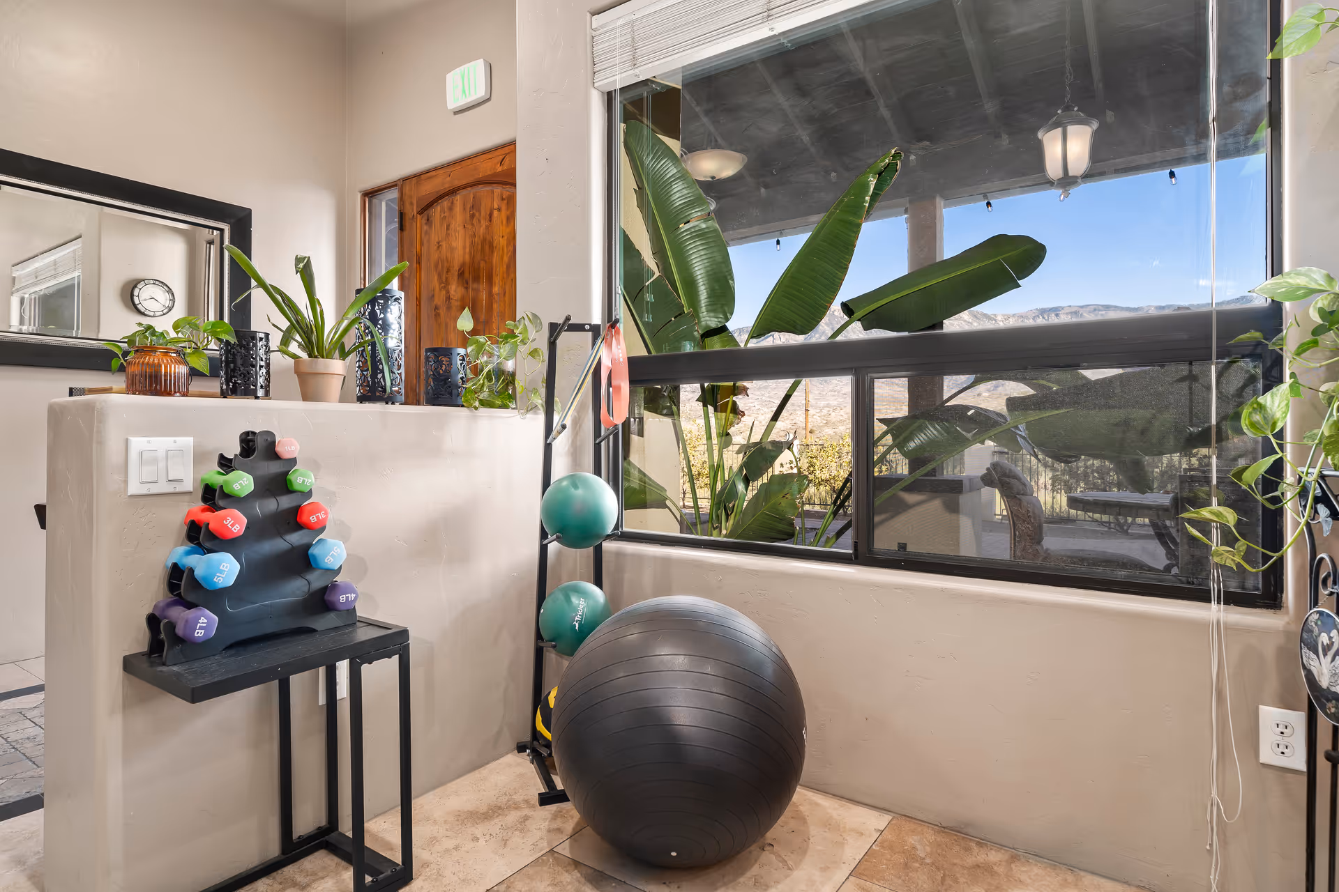 A bright indoor corner with exercise equipment including a rack of colorful dumbbells, a large black exercise ball, and two green medicine balls on a stand. There are several potted plants on a half wall and a large window showing an outdoor patio with plants and mountains in the background. A wooden door and a large mirror are visible in the background.